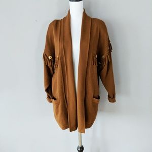 Escada Knit Wool Cardigan Fringe Star Buttons 36
